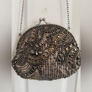 Vintage Beaded Clutch in Silver and brown